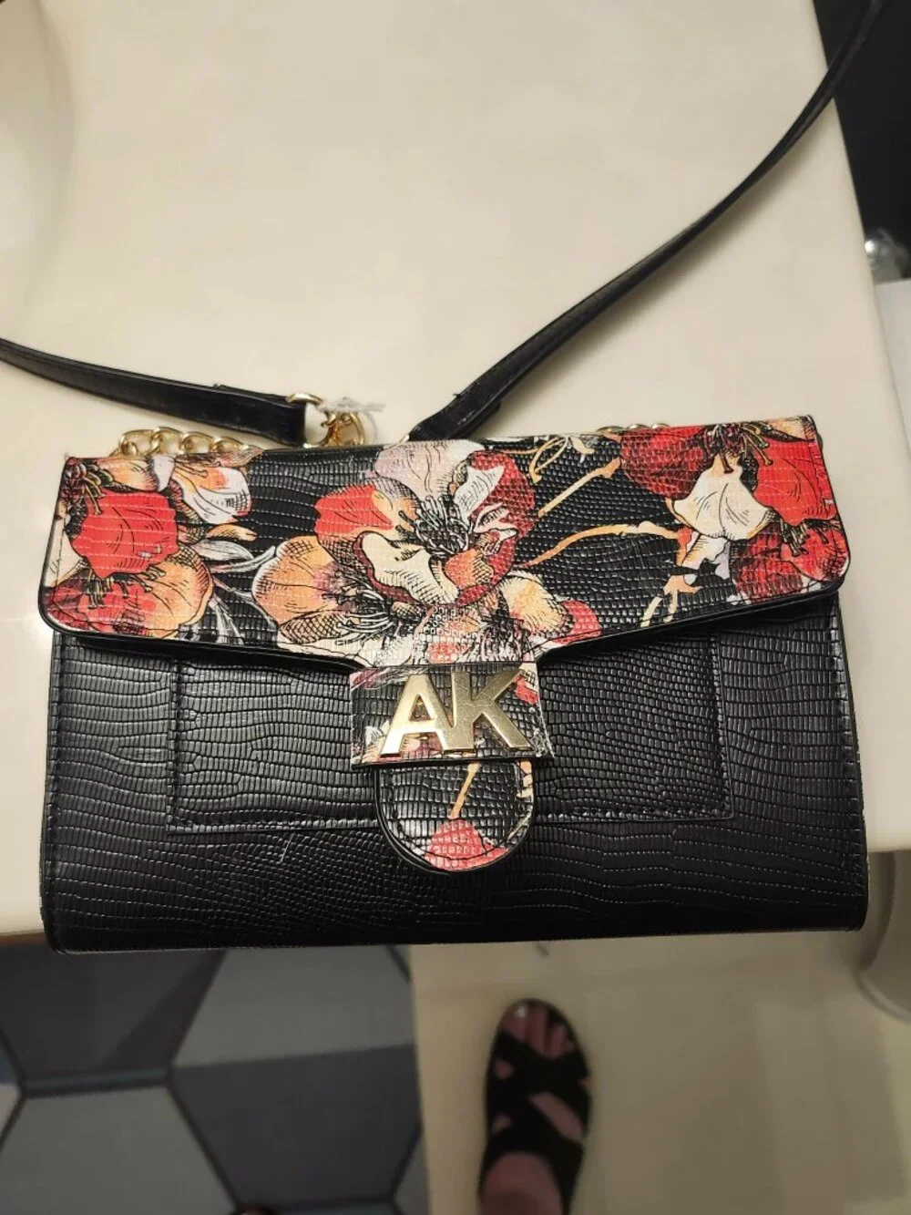 Anne Klein Black Floral Lizard Embosssed Flap Gold AK Logo Crossbody Purse